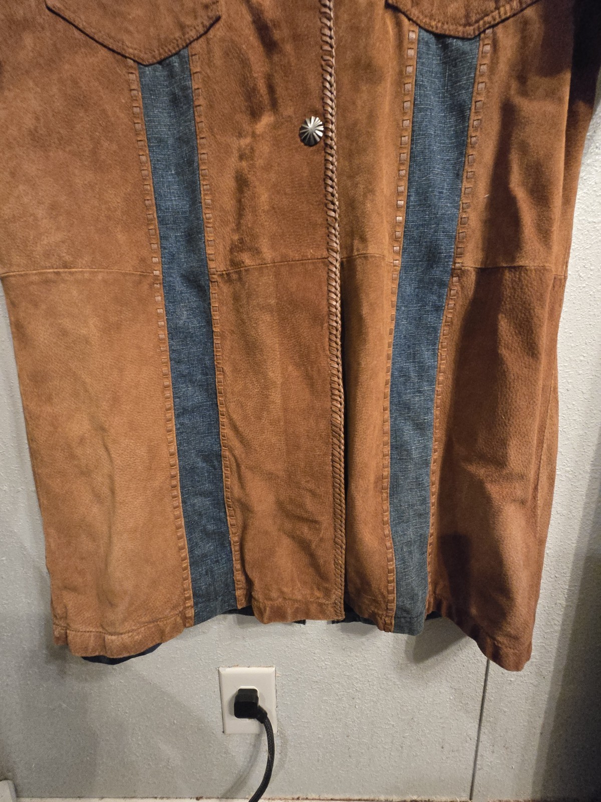 Vintage Cripple Creek Western Leather Denim Duster Long Jacket Trench Coat