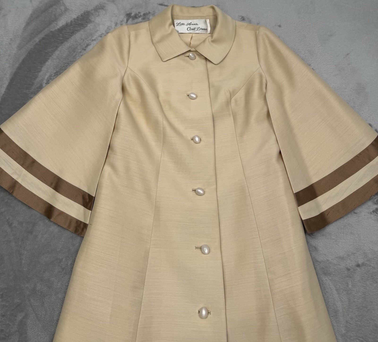 Vintage 50s Lilli Ann Dress Coat Womens Medium Princess Bell Sleeves Linen Pearl