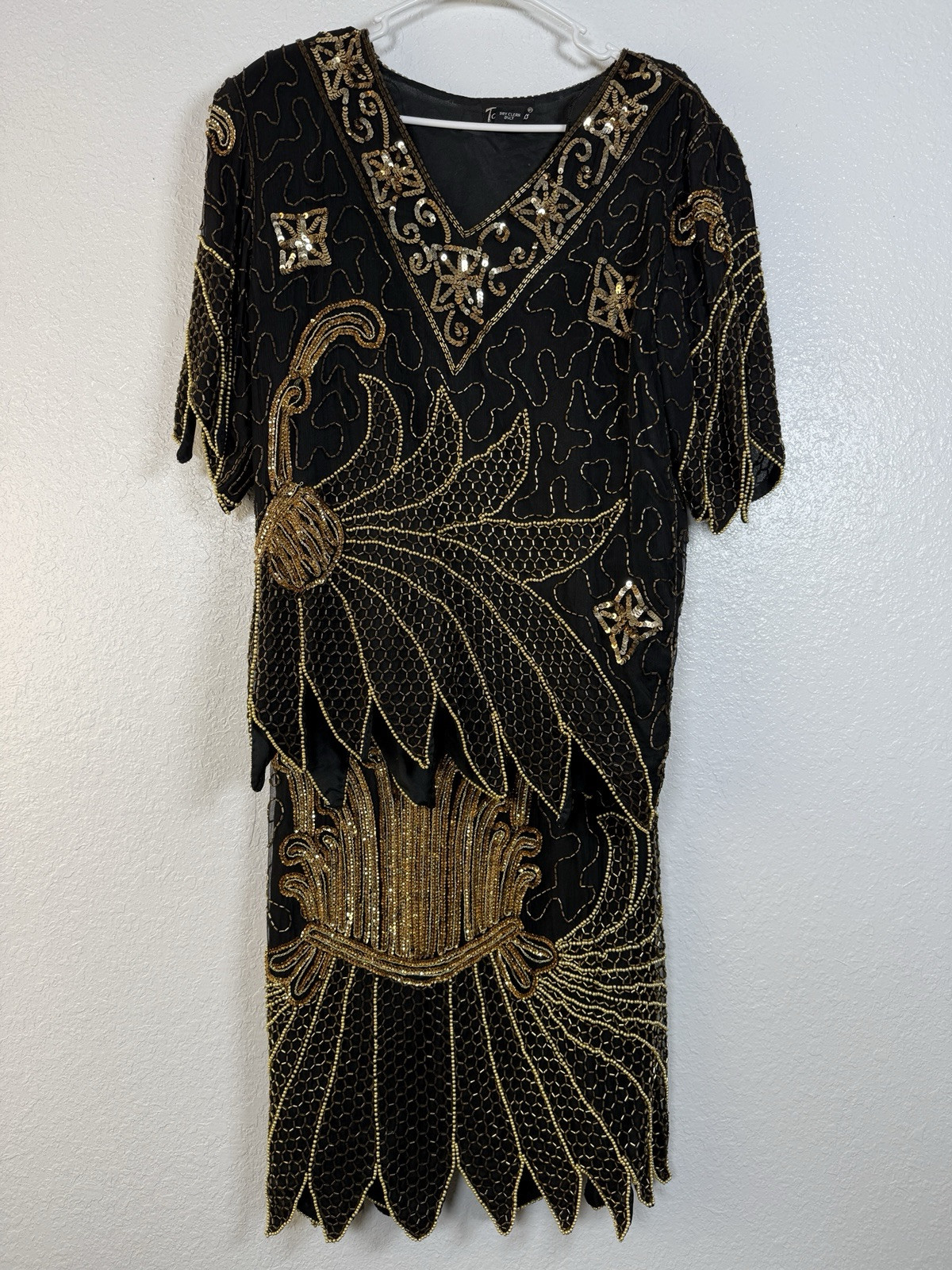 Vintage 80s Tan Chho Evening Suit Dress Black Gold Silk Bead Sequin Dynasty