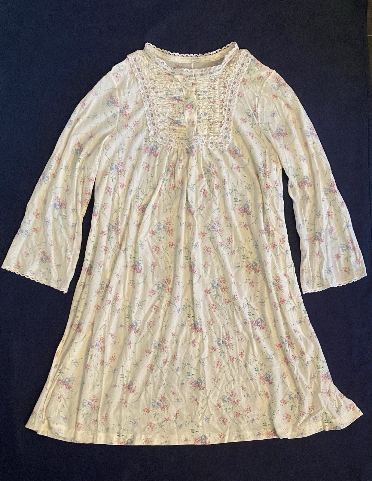 Vintage Miss Elaine Short Floral Nightgown Cotton Lace Long Sleeve Nightie Sz M