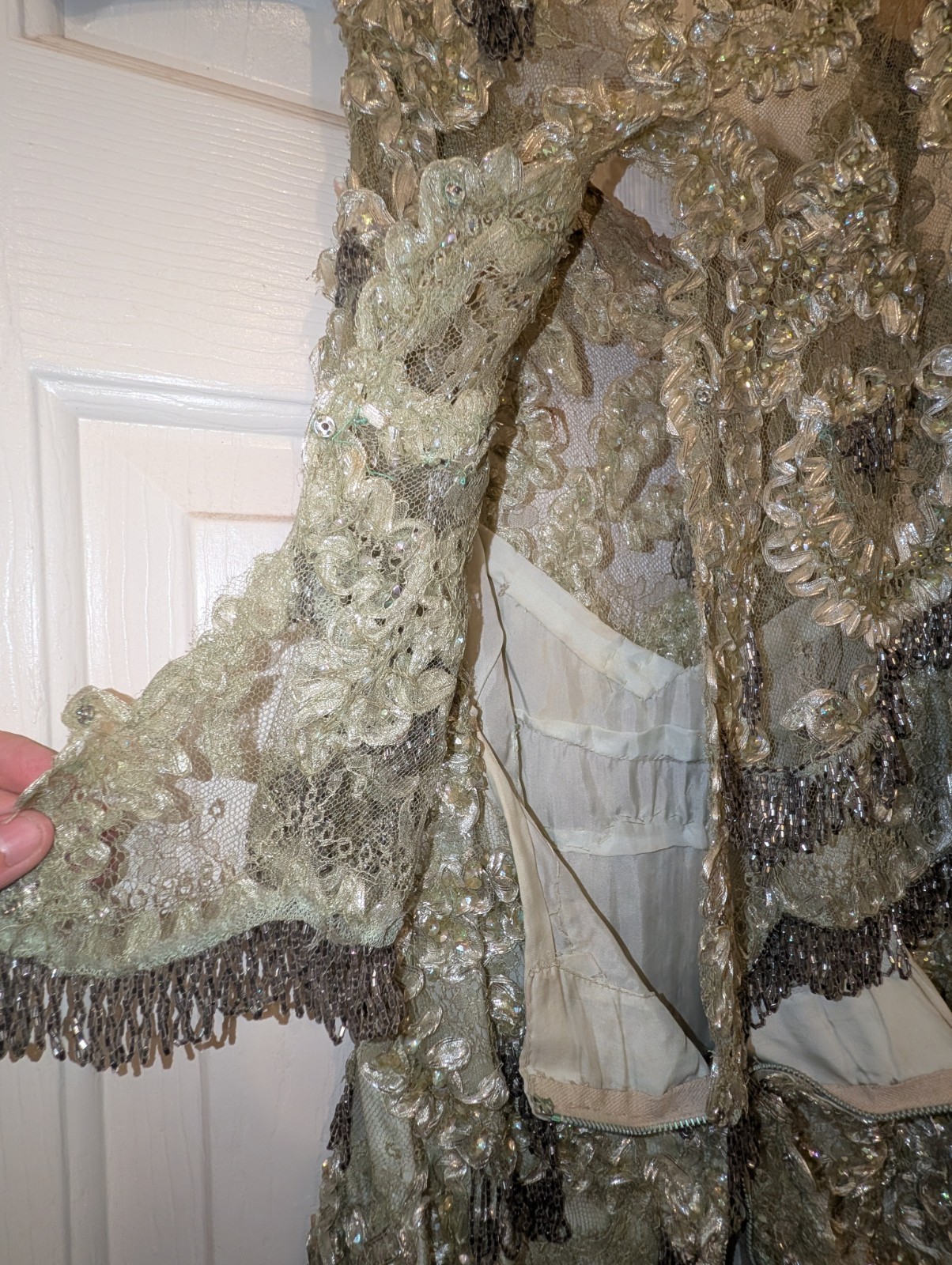 Vintage Handmade Green Beaded Evening Gown Size 0 w/ Coat Fur Accessories AS IS