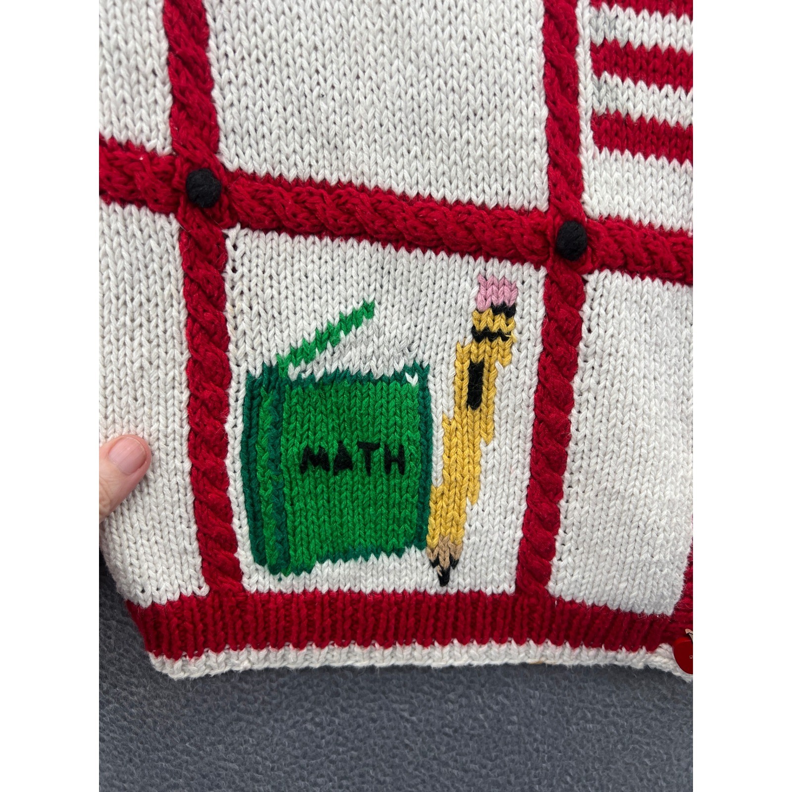 Vintage The Eagle&rsquo;s Eye Hand Knit Teacher School Cardigan Sweater Cream Red 1993