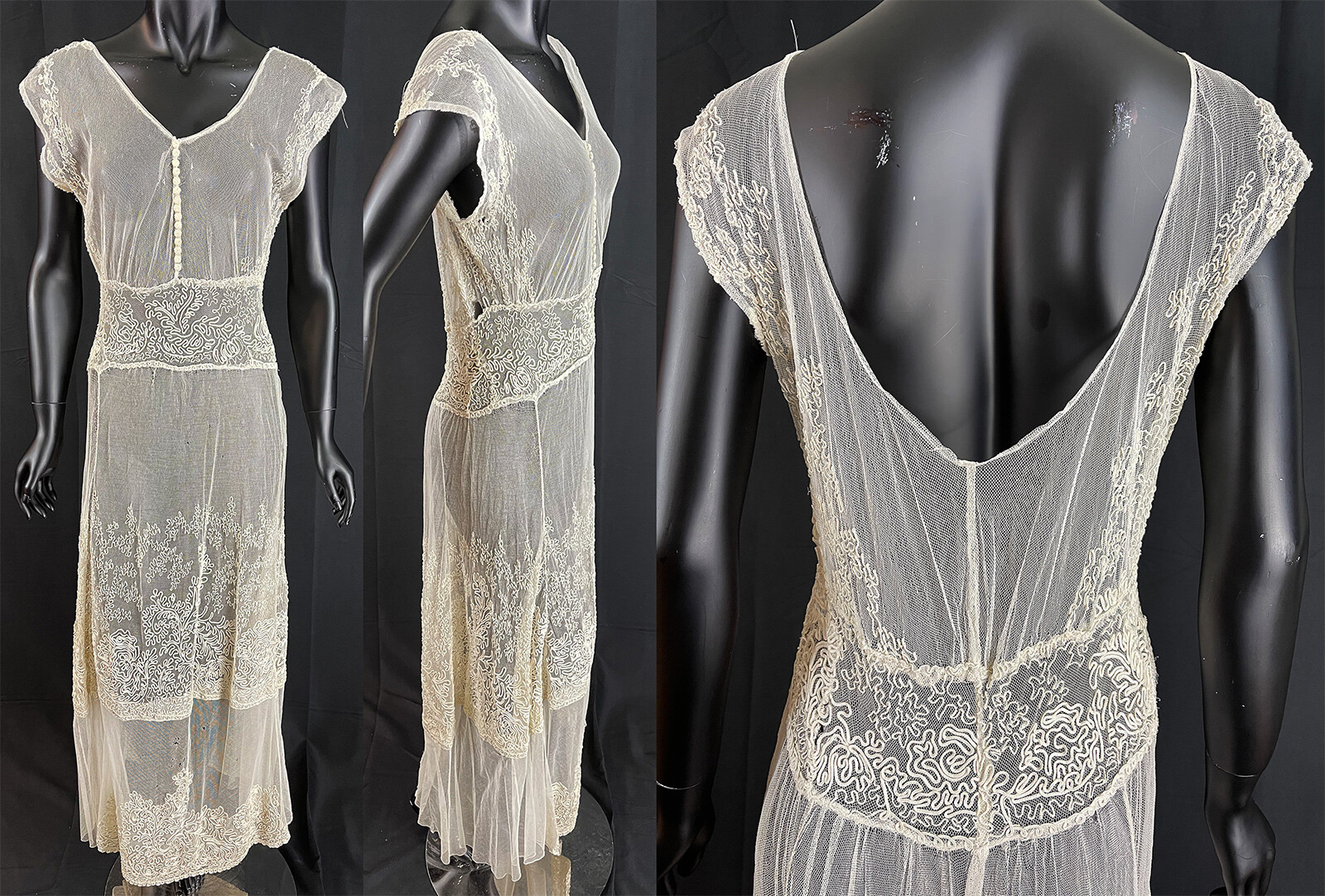 Vintage 1930s Art Deco Cream Soutache Braid Embroidery Net Lace Bias Cut Gown