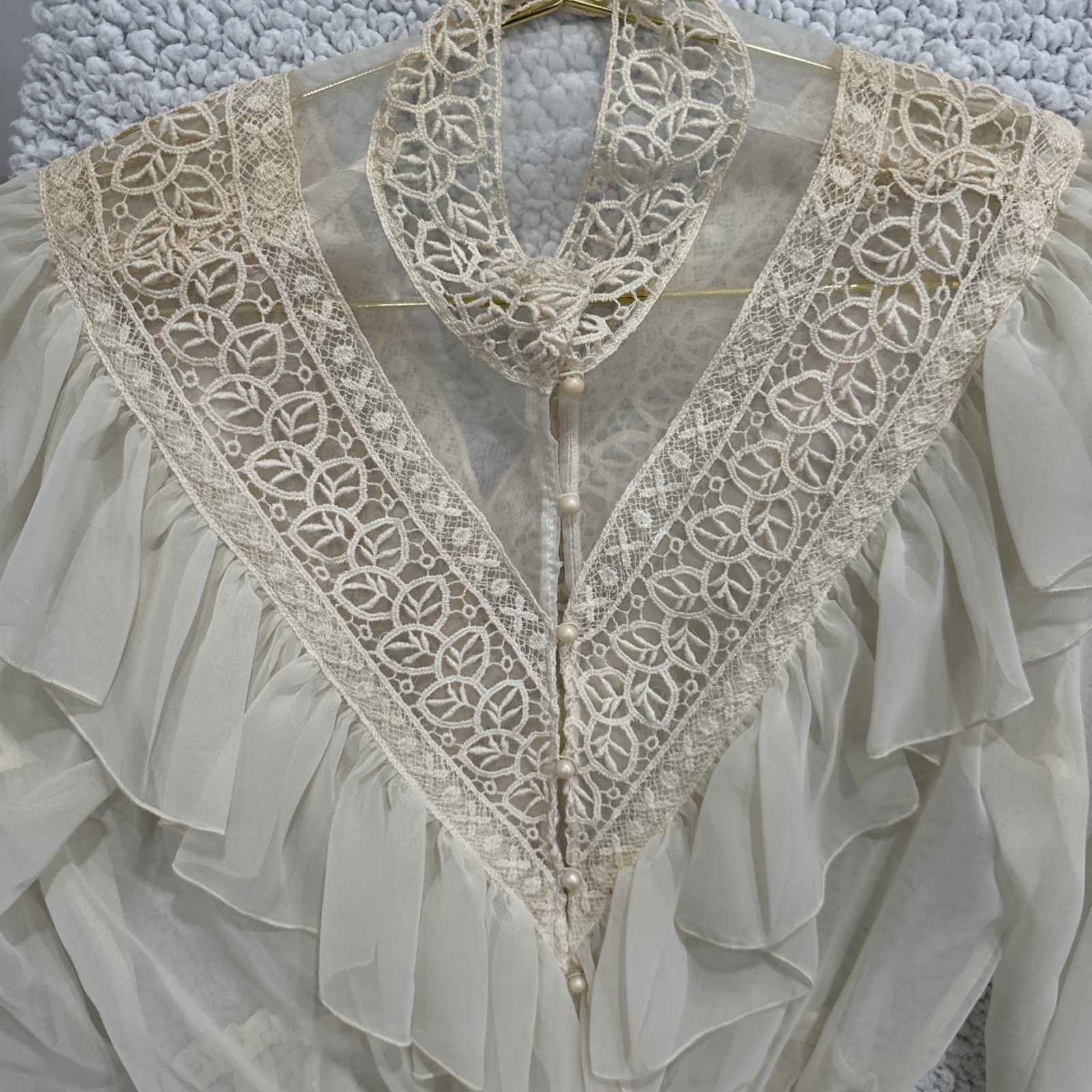Vtg 70s ILGWU Ivory Peignoir Style Dress Sheer Chiffon Lace Yoke 9/10 Cottage