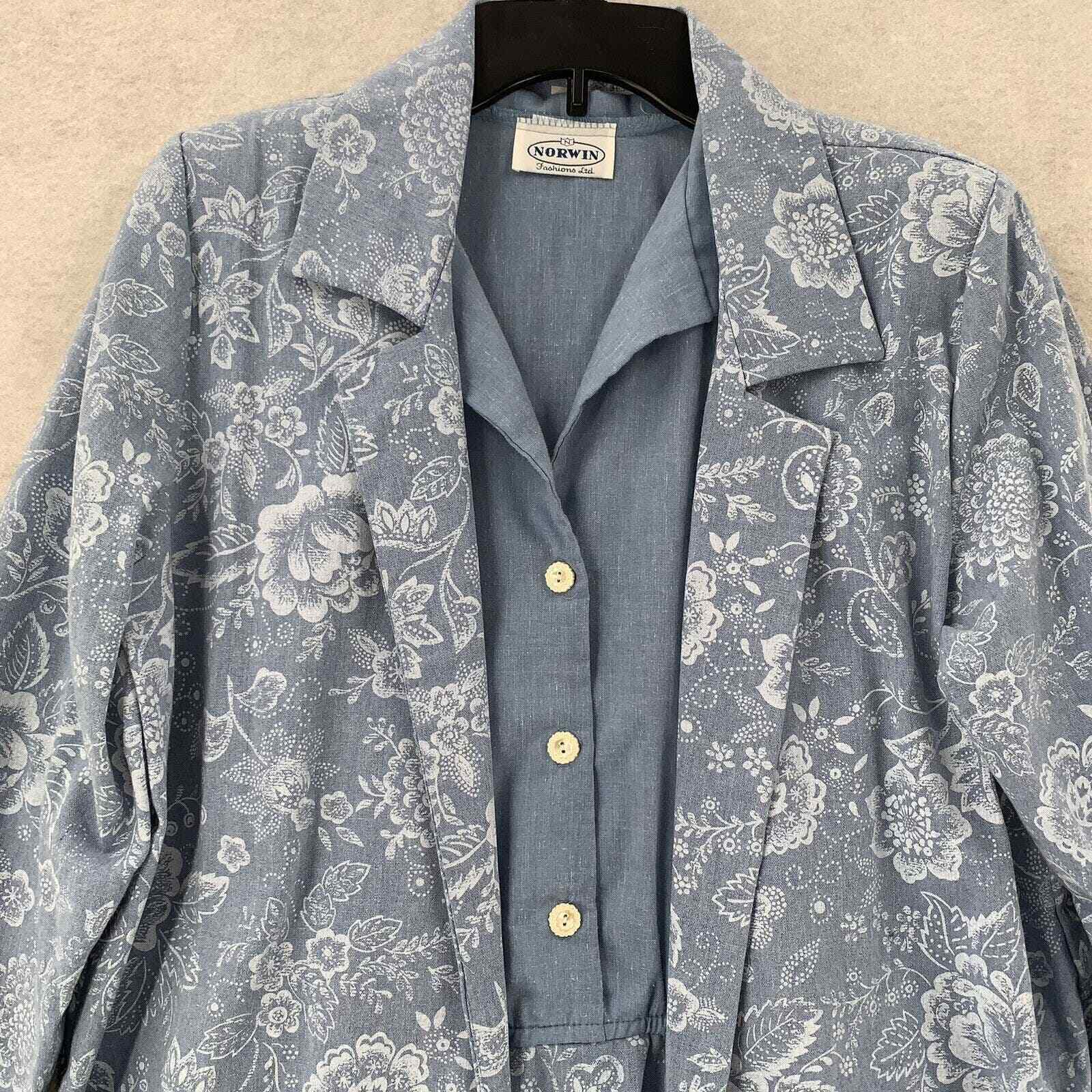 Vintage Norwin Suit Dress Blue Floral Long Line 2 Piece Modest Womens Med-Lg