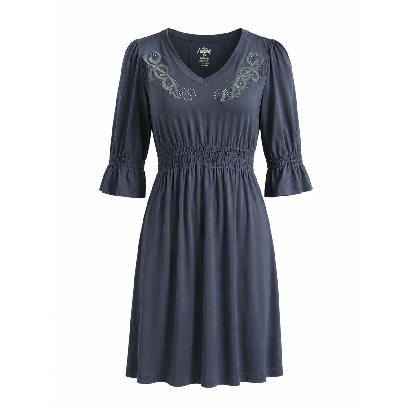 ARIAT | Blue Gray Smocked Embroidered Western Dress Bell Sleeve Boho Studs | XL