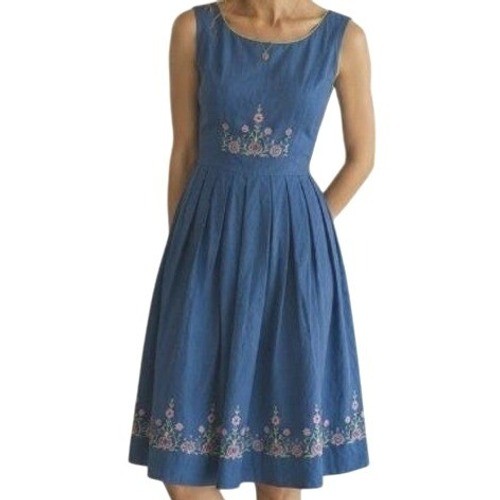 Vintage 70s Handmade Cotton Embroidered Fit Flare Blue Midi Dress Folk Bohemian