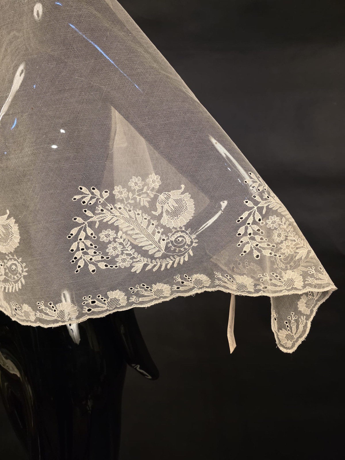 ANTIQUE 1820’S HANDMADE LACE WEDDING BONNET VEIL W FLORALS + OWNERS ID FOR DRESS