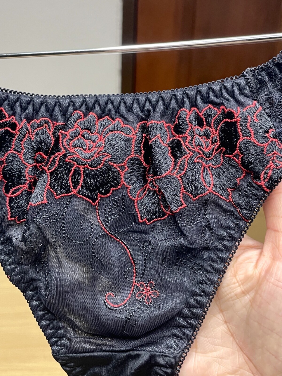 Vtg Deep Black Polyester Spandex String Panty Sz.5~6 Sheer Floral Lace Briefs