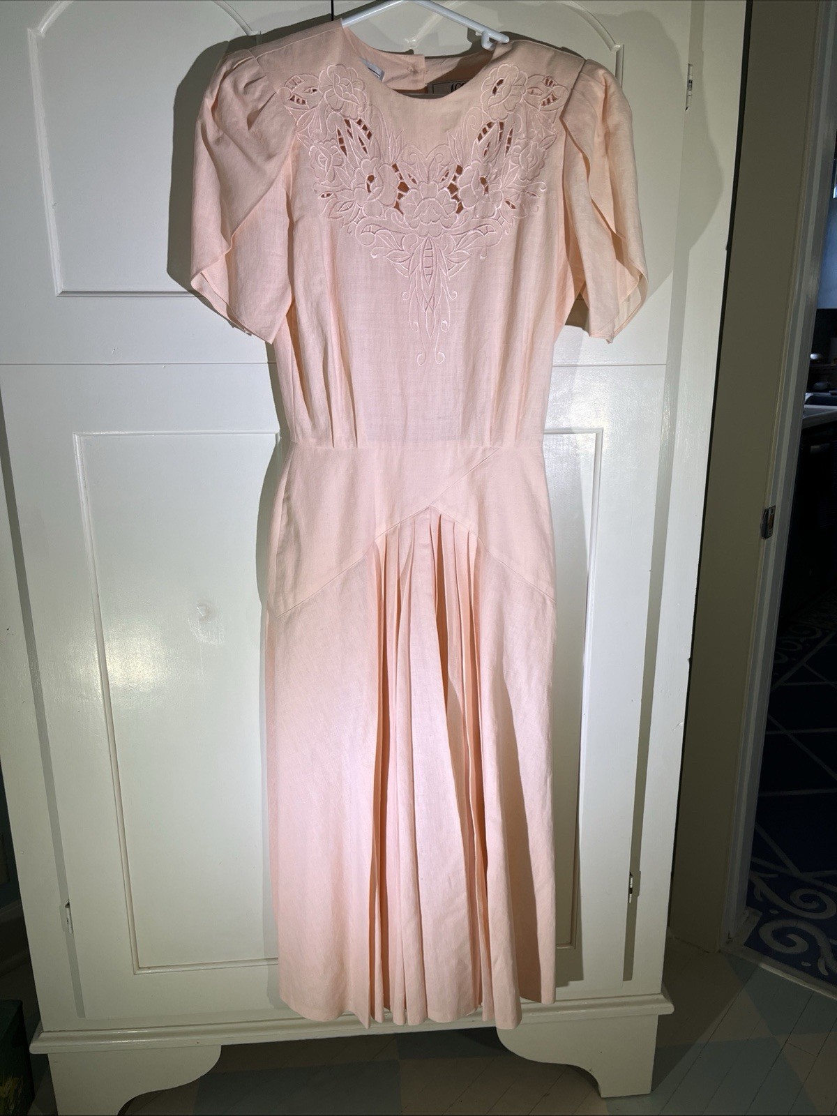Nancy Johnson Vintage Linen/cotton Peach Tea Length Dress 1990