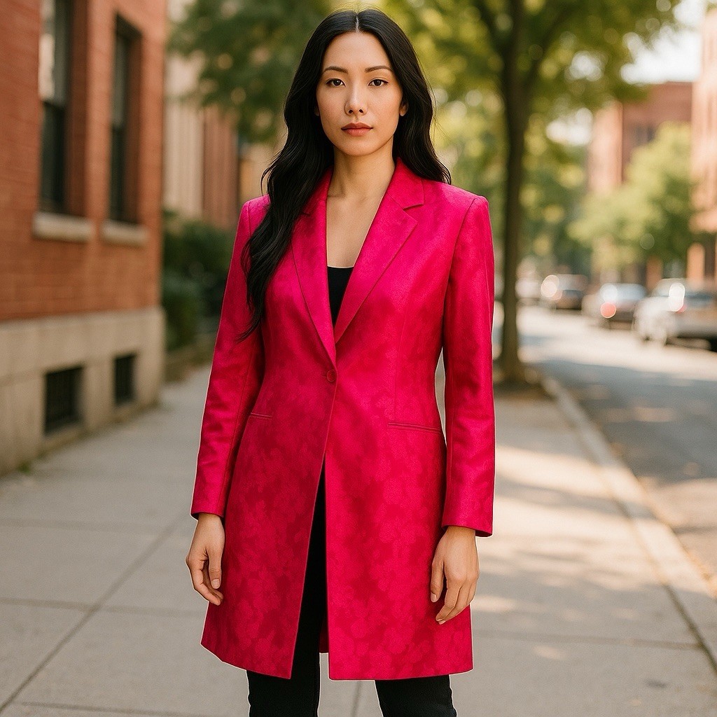 Vintage Hugo Buscati Red Brocade Duster Blazer Size 14 (Fits 10–12) USA