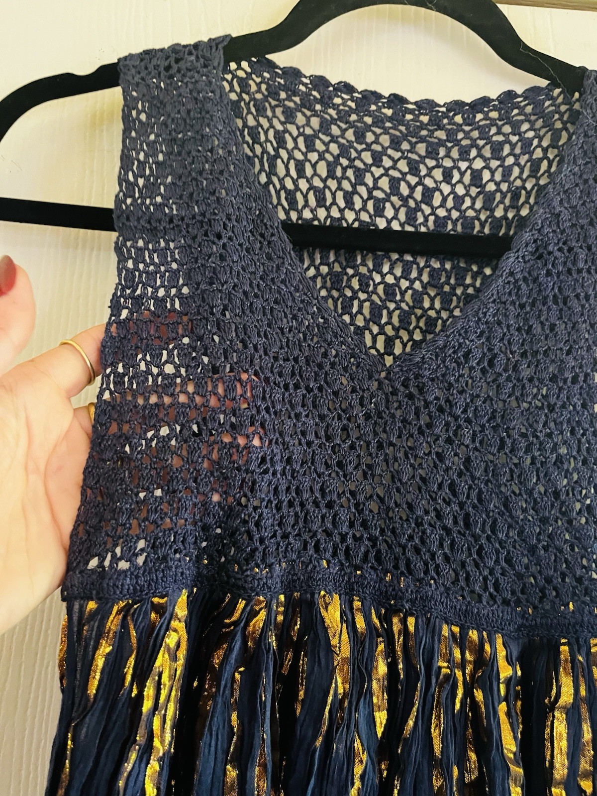 VTG 70s Metallic Thread Crochet Cotton Gauze Festival Boho Beach Tunic Blouse S
