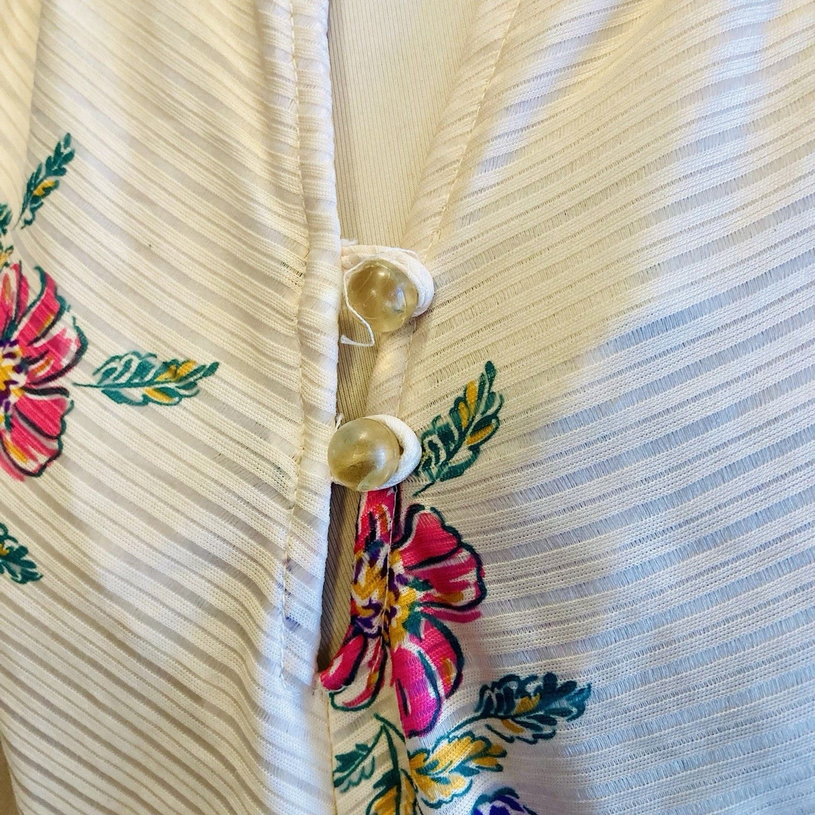 1970s Beige Disco Polyester Floral Collarless Blouse Cottagecore Wear To Work