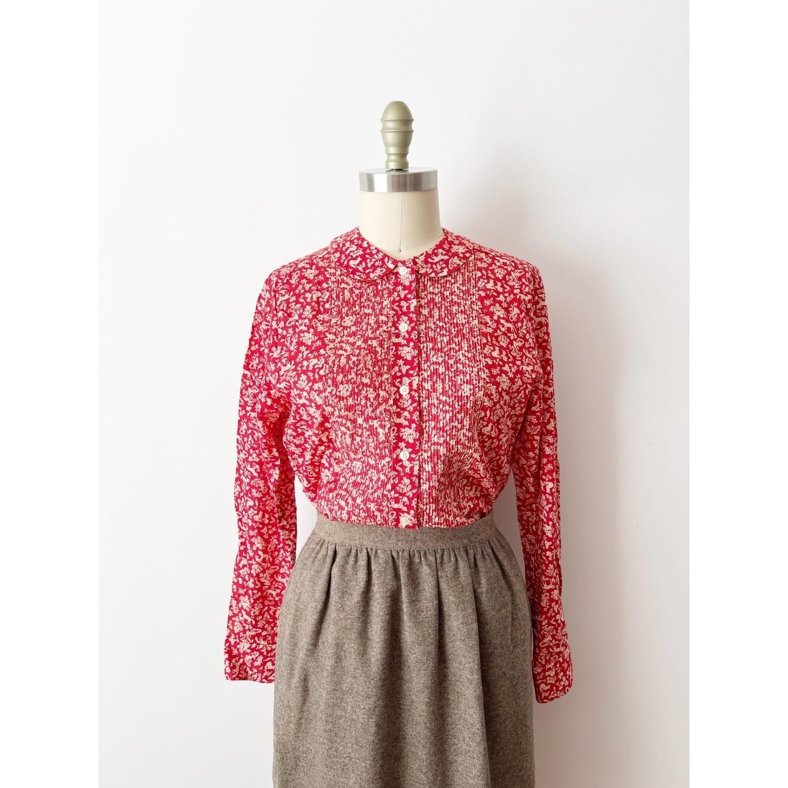 SIZE S Fox Print Toile Blouse, Pintuck Peter Pan Collar Long Sleeve Cotton Shirt