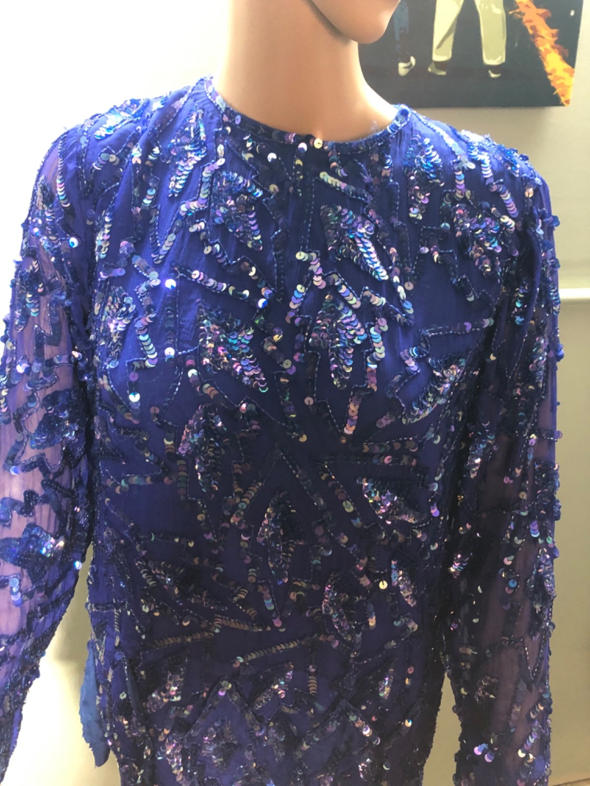 Vintage 80s Swee Lo Blue Sequin Beaded 2 Piece Top Skirt Set 100% Silk Sz M