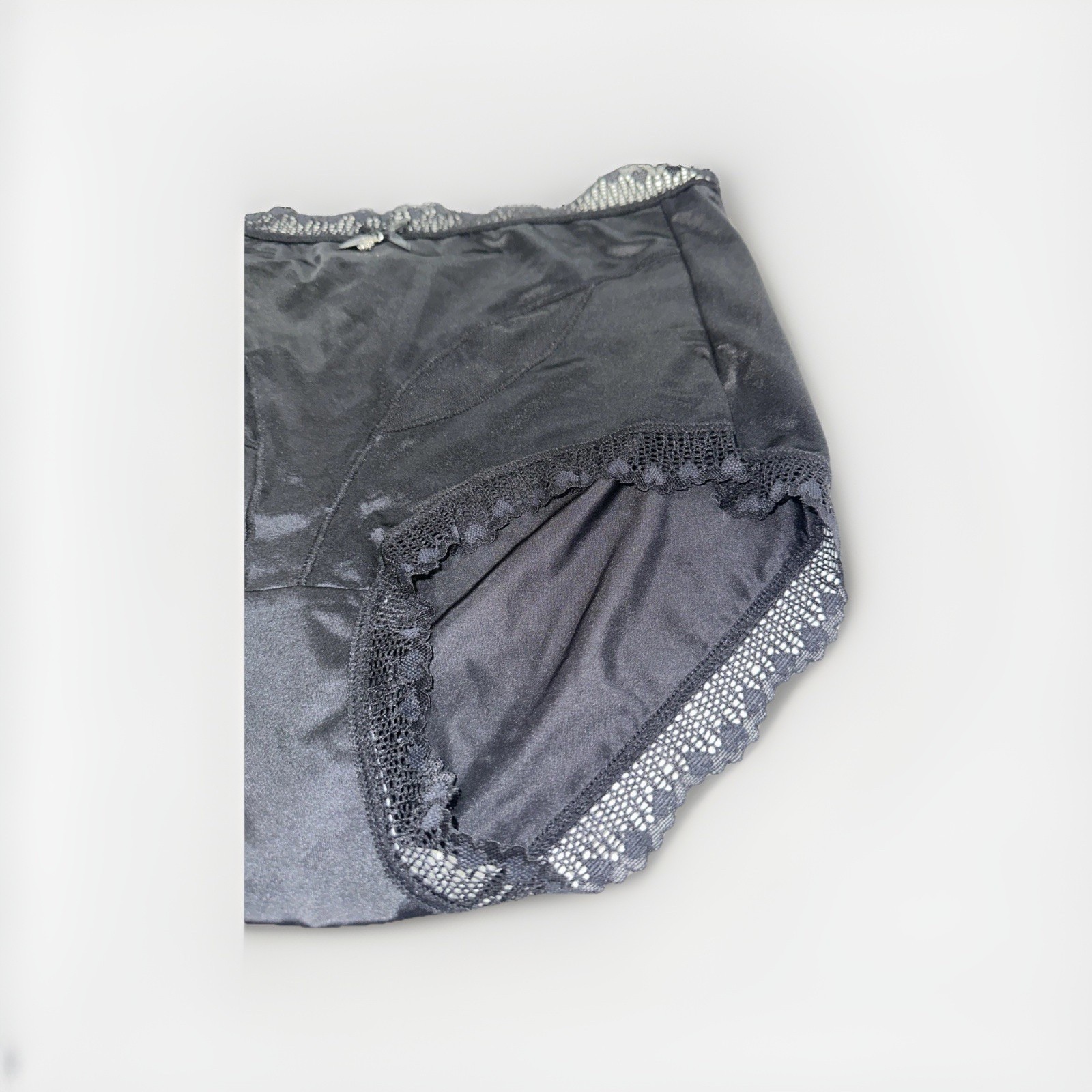 ~Shiny Large Black With Gem Nylon Lace Blended Panties W/Bow Cotton Gusset New