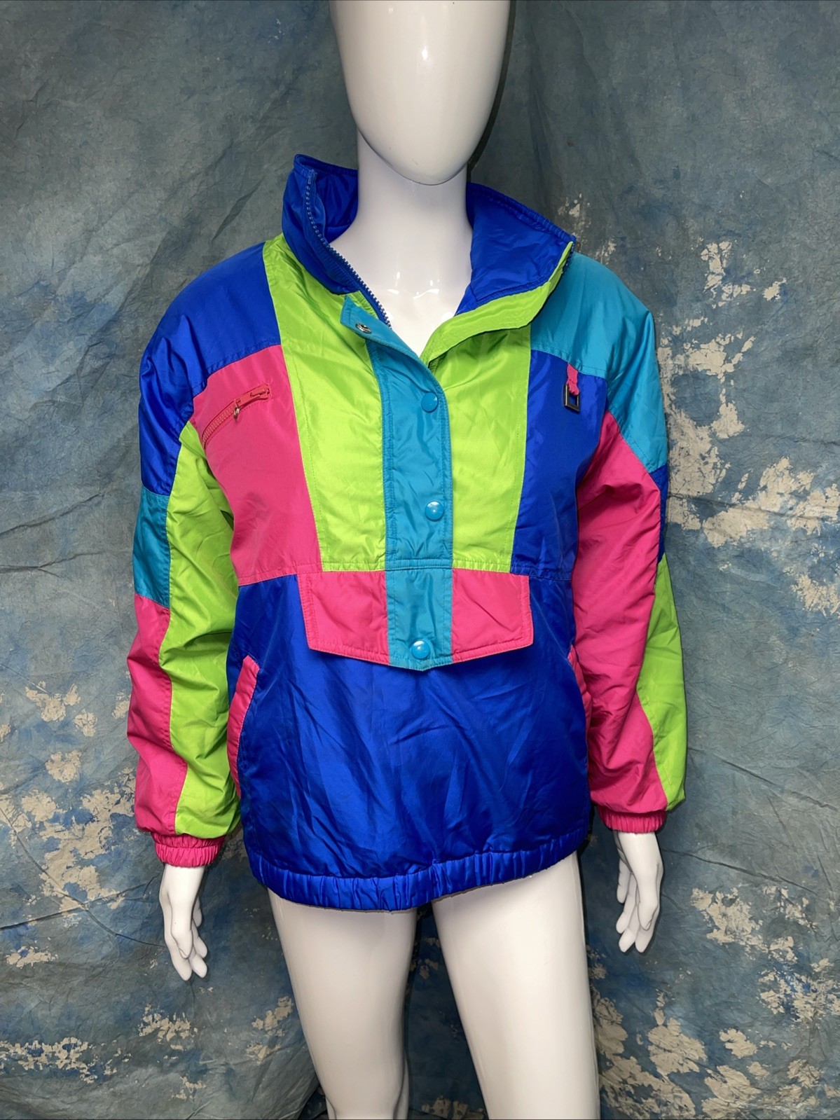 Vtg 1980s Women’s Pullover Ski Jacket Bright Color Block Neon Prima Futurski M/L