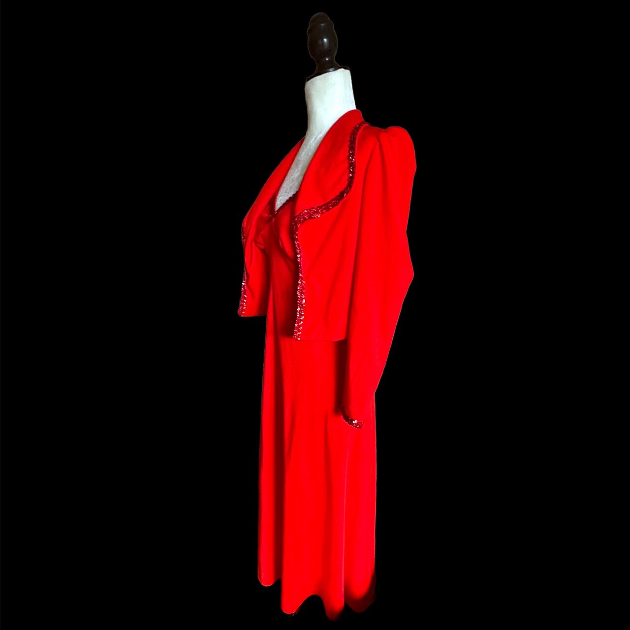 Vintage 1970s Red Max Sequini Evening Dress & Bolero Jacket Empire Waist Small