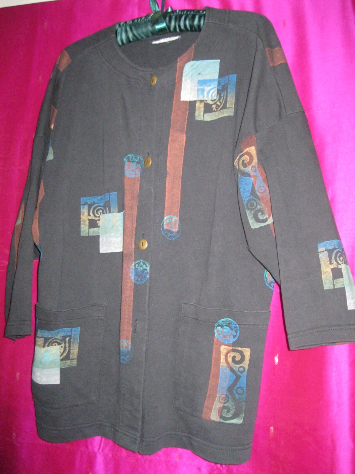 VINTAGE, BLACK COTTON JACKET, HAND PAINTED, SZ M/L, W/ FRONT POCKETS, ARTISAN