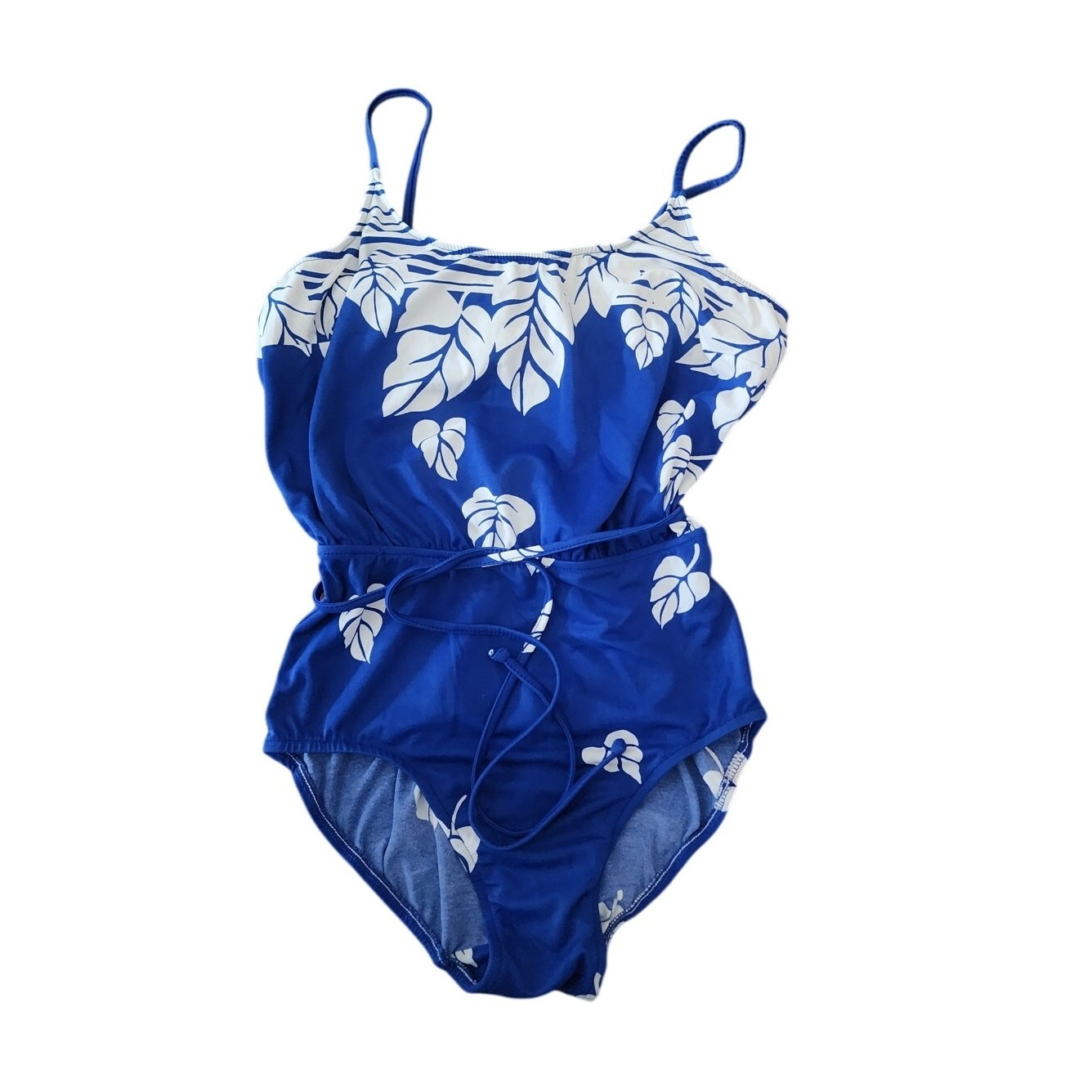 VTG 70s 80s Catalina One Piece Swimsuit Blue White Leaf Print Maillot Small