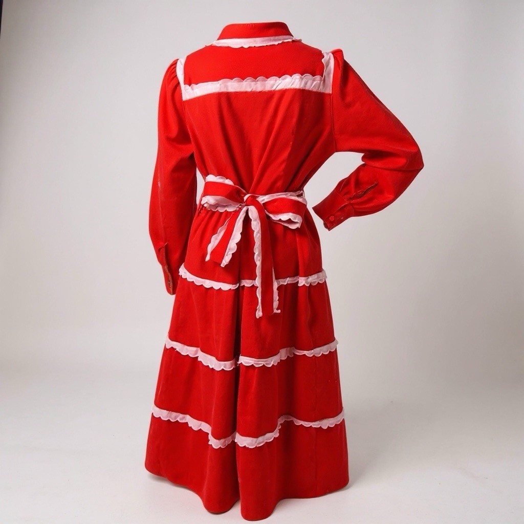 Handmade Cottagecore Red Corduroy Midi Dress Pink Scallop Trim Size M OOAK Art!!