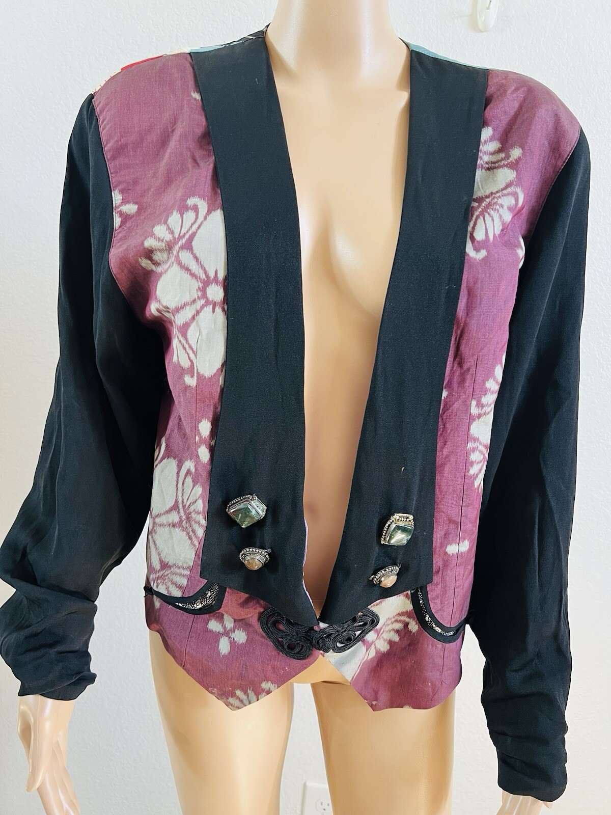 VTG Rebel Smith USA Silk* Open Jacket Floral Art Top Gemstone Accents M/L* OOAK