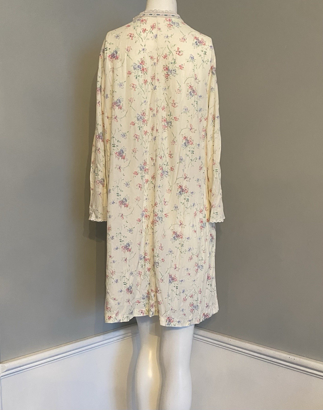 Vintage Miss Elaine Short Floral Nightgown Cotton Lace Long Sleeve Nightie Sz M