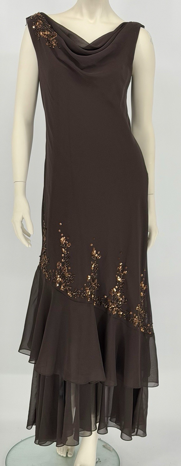 XSCAPE by Joanne Chen Vintage Evening Dress Chocolate Brown w/Copper Sequins Sz8