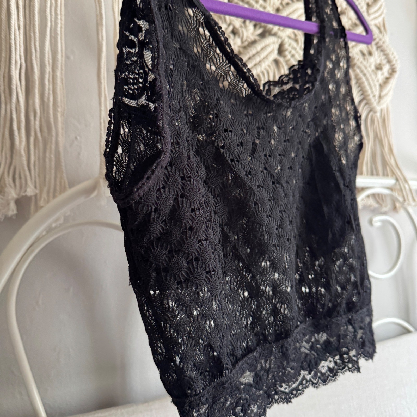 Unbranded Vintage Lace Crop Tank Top S Black Floral Sheer Goth Coquette Bow