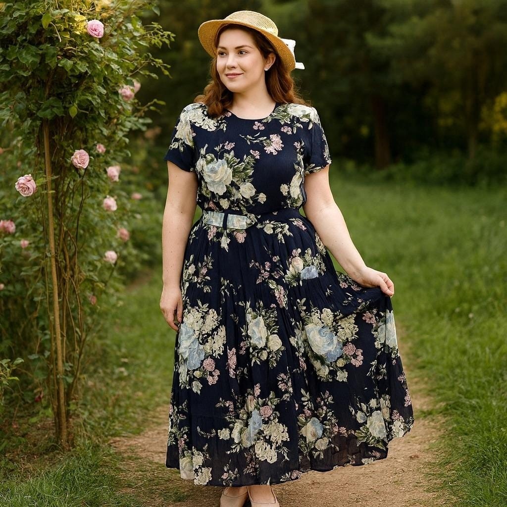 Vintage 90s Ansley Navy Blue Floral Maxi Dress Rayon Pleated Skirt Belted USA 12