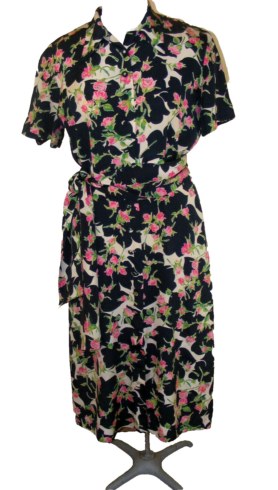 40s RAYON DRESS FLORAL PRINT BELTED BUTTON UP FULL SKIRT LIGHTWEIGHT 38&Prime; X 30&Prime; M
