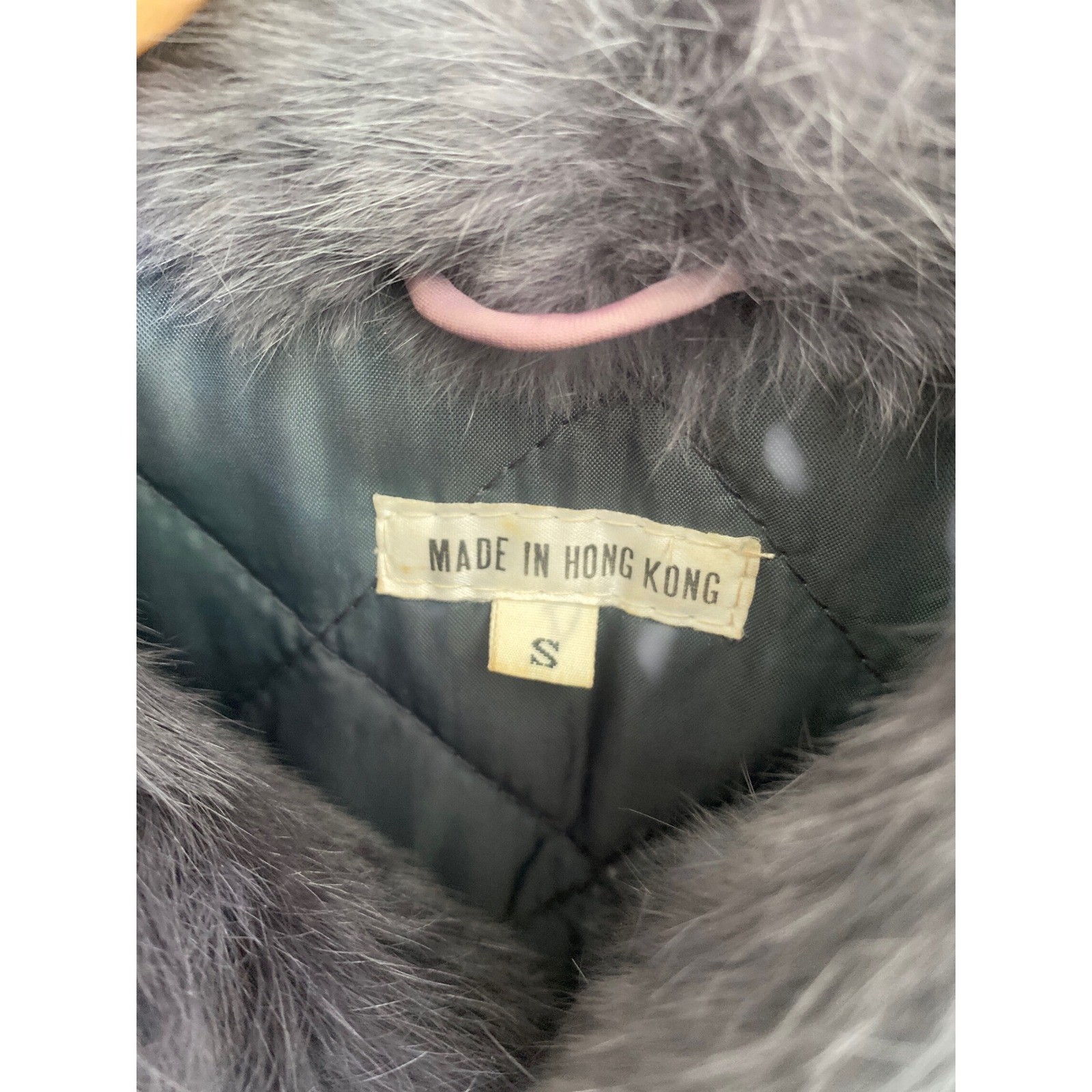 Vintage Gray Rabbit Fur Jacket Cropped Stand Collar Quilted Lining Gray Small