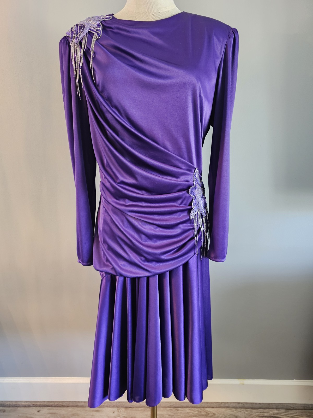 Vintage 80s Abby Kent Purple Cocktail Dress Ruched Draped Sz 13/14 Beads Sequins