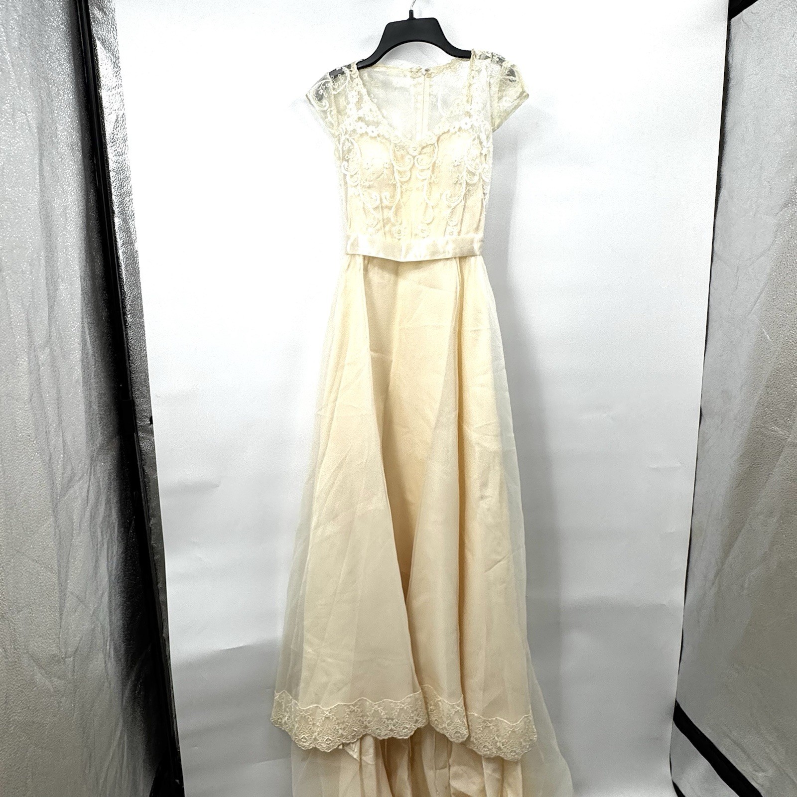 Vintage Lace Overlay Cap Sleeve Wedding Dress with Bustle Handmade Ivory Color