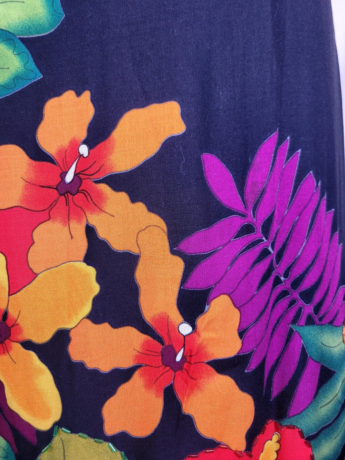 Vintage 80s 90s Black Floral Bright Hawaii Midi Dress Tie Back Shift M/L Beaded
