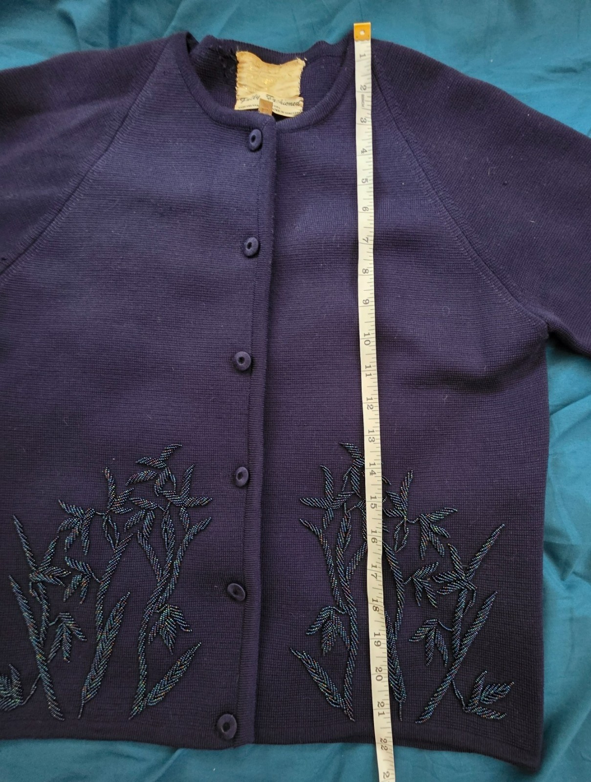 Vintage Robson&rsquo;s Beaded Wool Cardigan Bamboo Sweater Hong Kong Blue Size 12