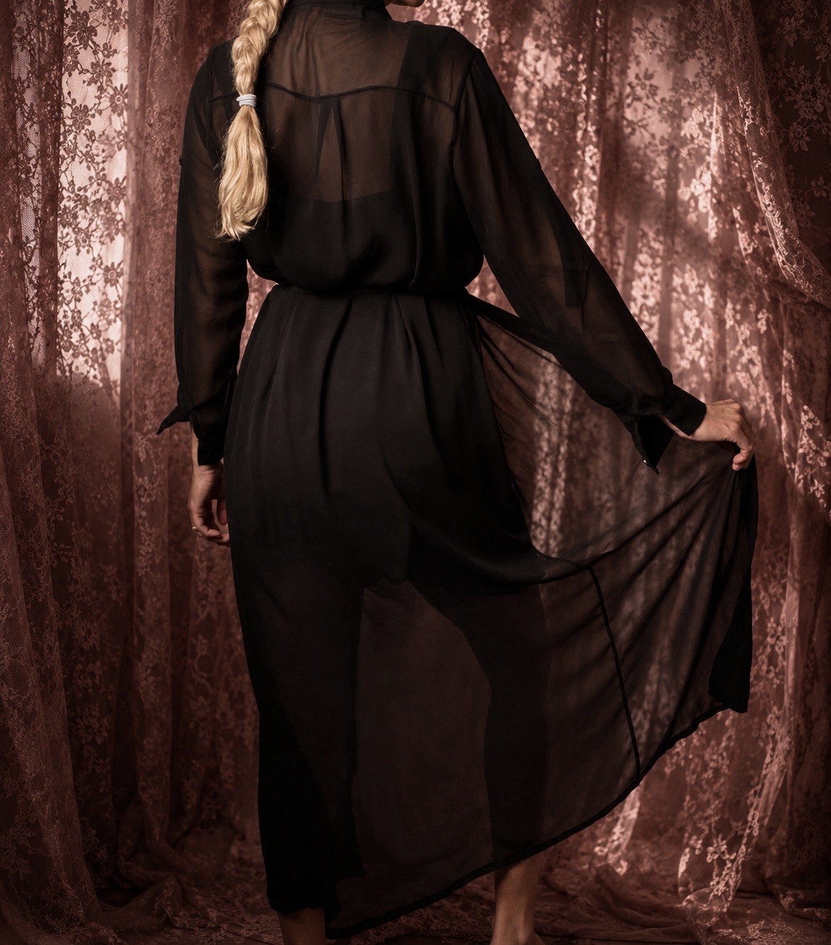 1990s sheer black chiffon full length duster
