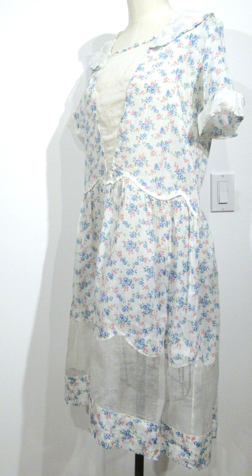 ANTIQUE VINTAGE DAY DRESS 1920S DROP WAIST COTTON FLORAL ORGANDY ART DECO M F4