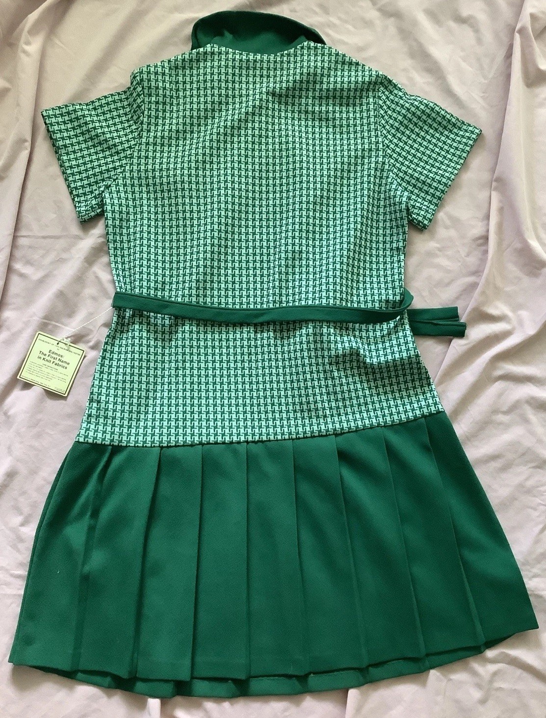 VTG 1970s Green Houndstooth Pleated Tennis Dress Mod Retro Drop Waist NWT Sz16.5