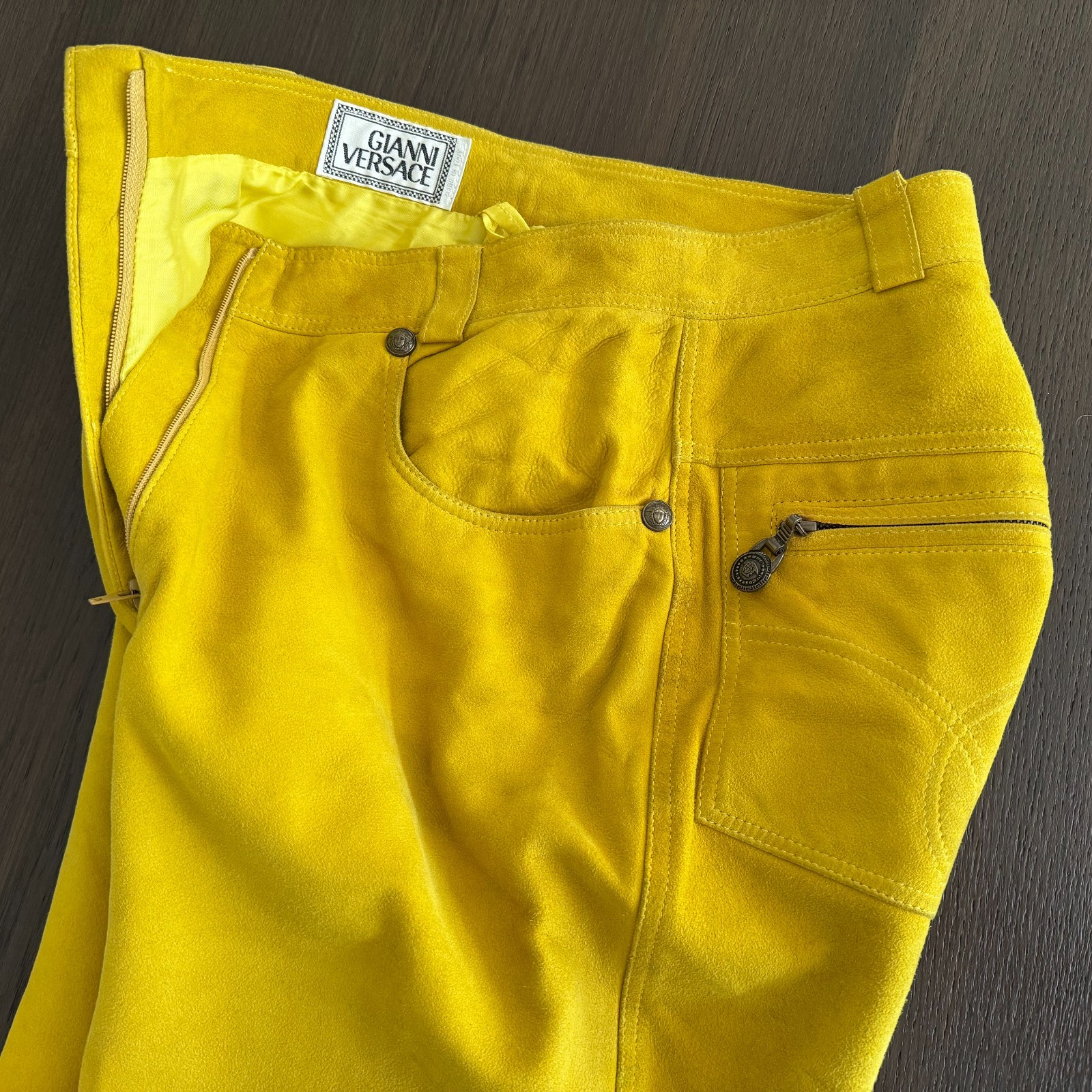 GIANNI VERSACE mustard yellow suede pants size 38/XS from F/W 1994/95