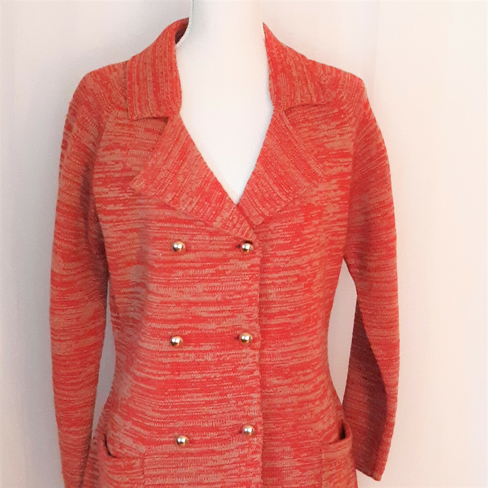 Vtg. 70&rsquo;s Full Fashioned Heavy Knit Orange Button Front Jacket Size M Pre-Owned