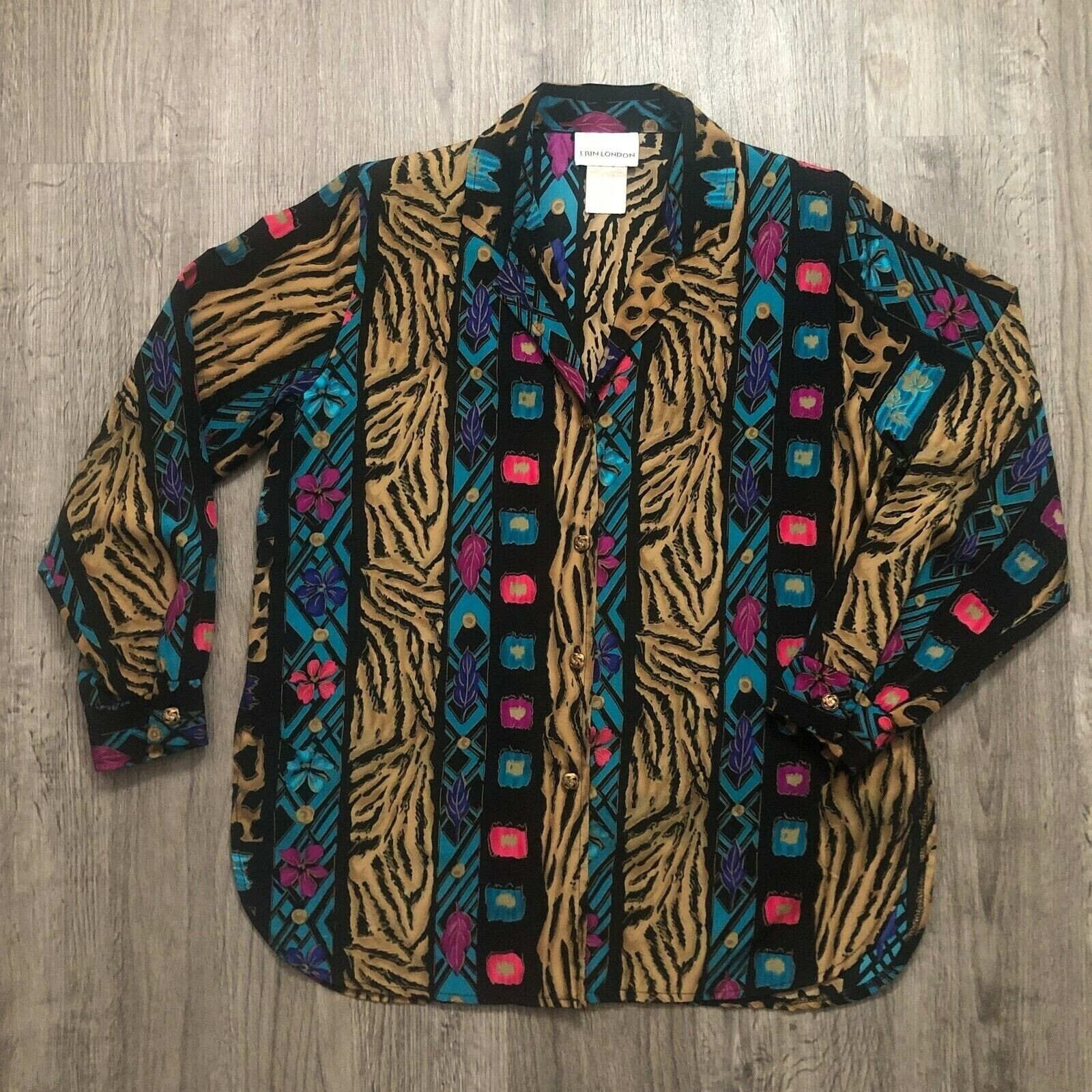 VTG 90s Erin London Funky Black Tan Blue Purple Shoulder Pads L/S Blouse Size PS