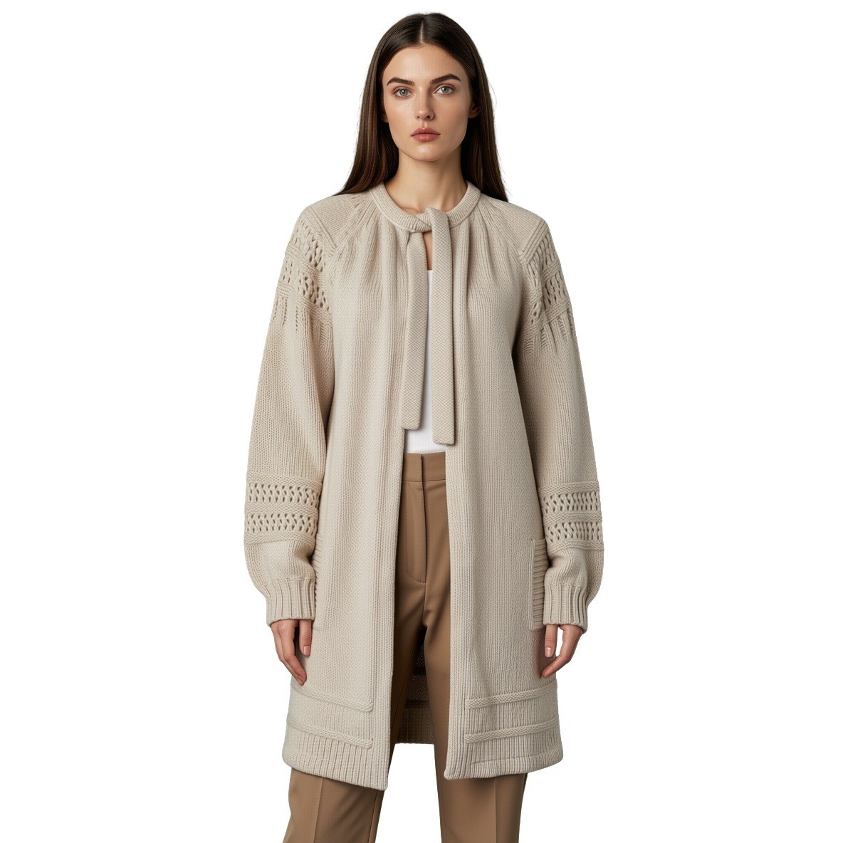 Peter Gs General Stores Vintage Wool Tie Neck Duster Cardigan Oatmeal Beige M