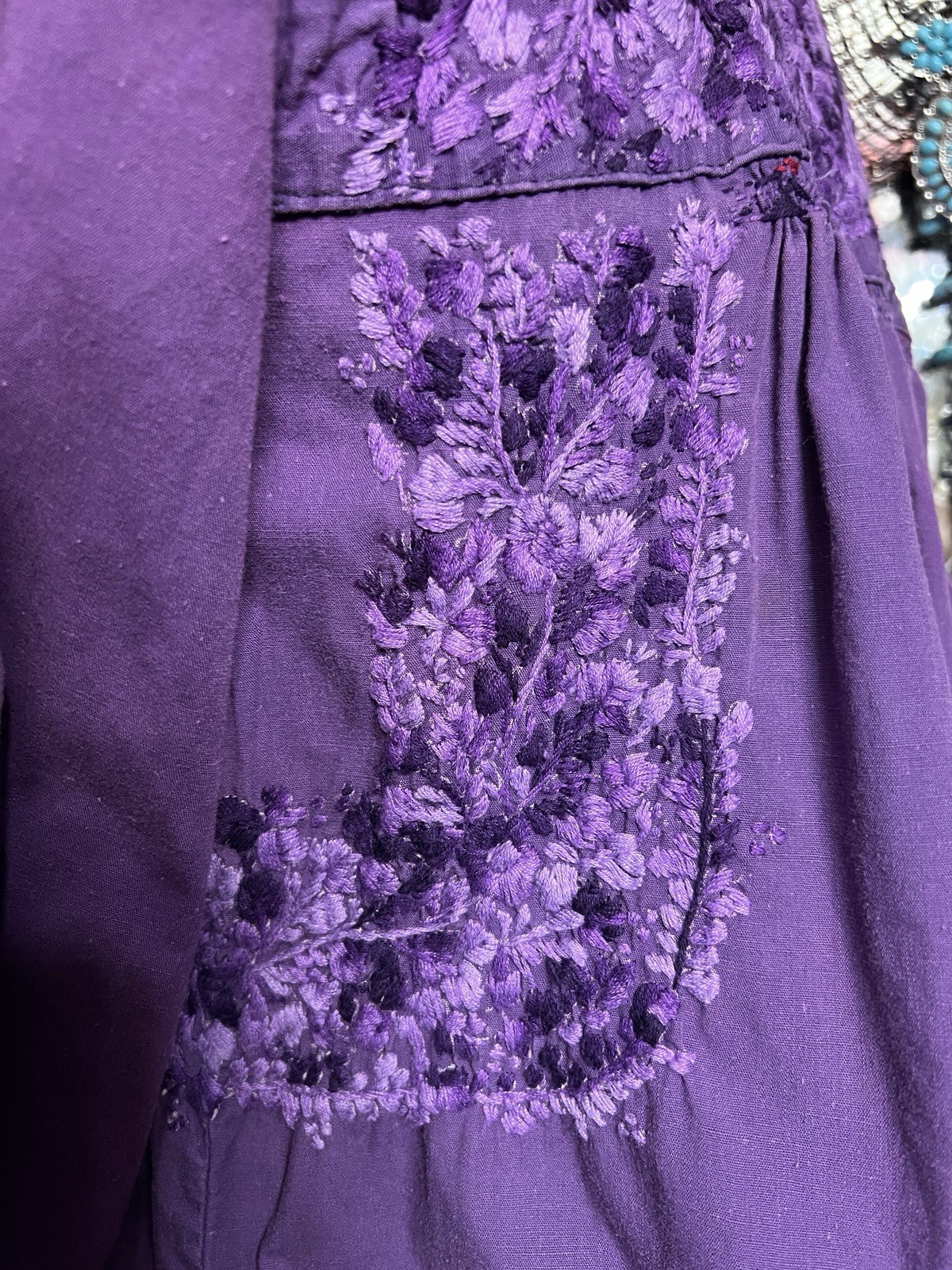 Gorgeous 1970s Oaxaca Mexico Purple Long Sleeve Dress Multi Embroidery M