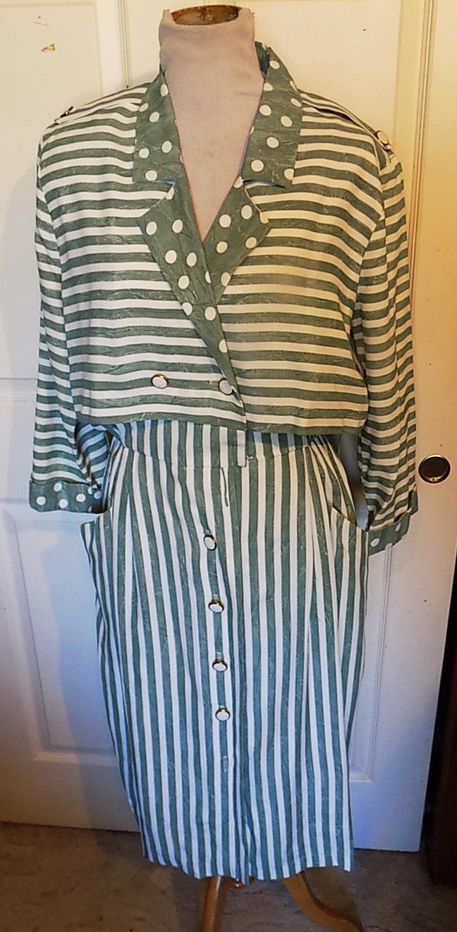 Vintage 80s Green White Stripe Polka Dot Dress S. L. Fashions Size 16 B44 ***