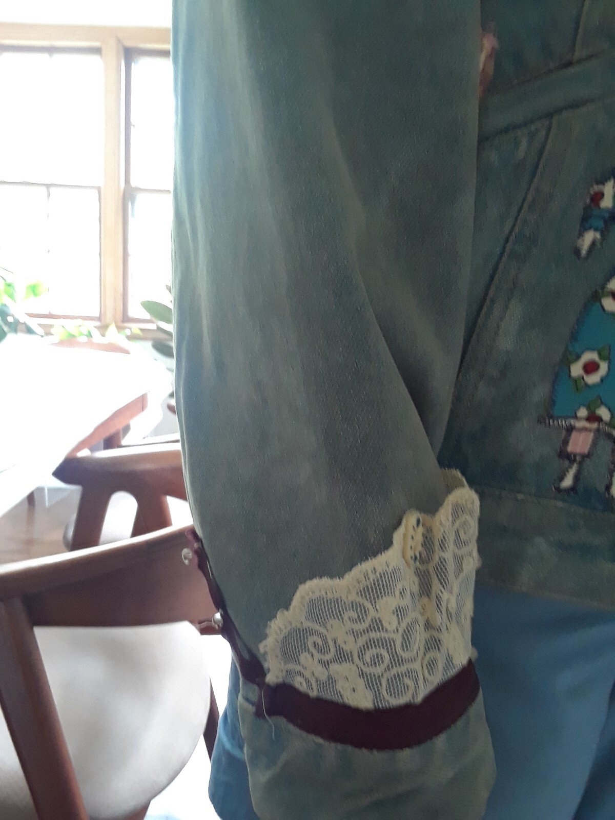 80s BoHo Embellished Jean Jacket Flowers Figures Trinkets Lace by Lilla