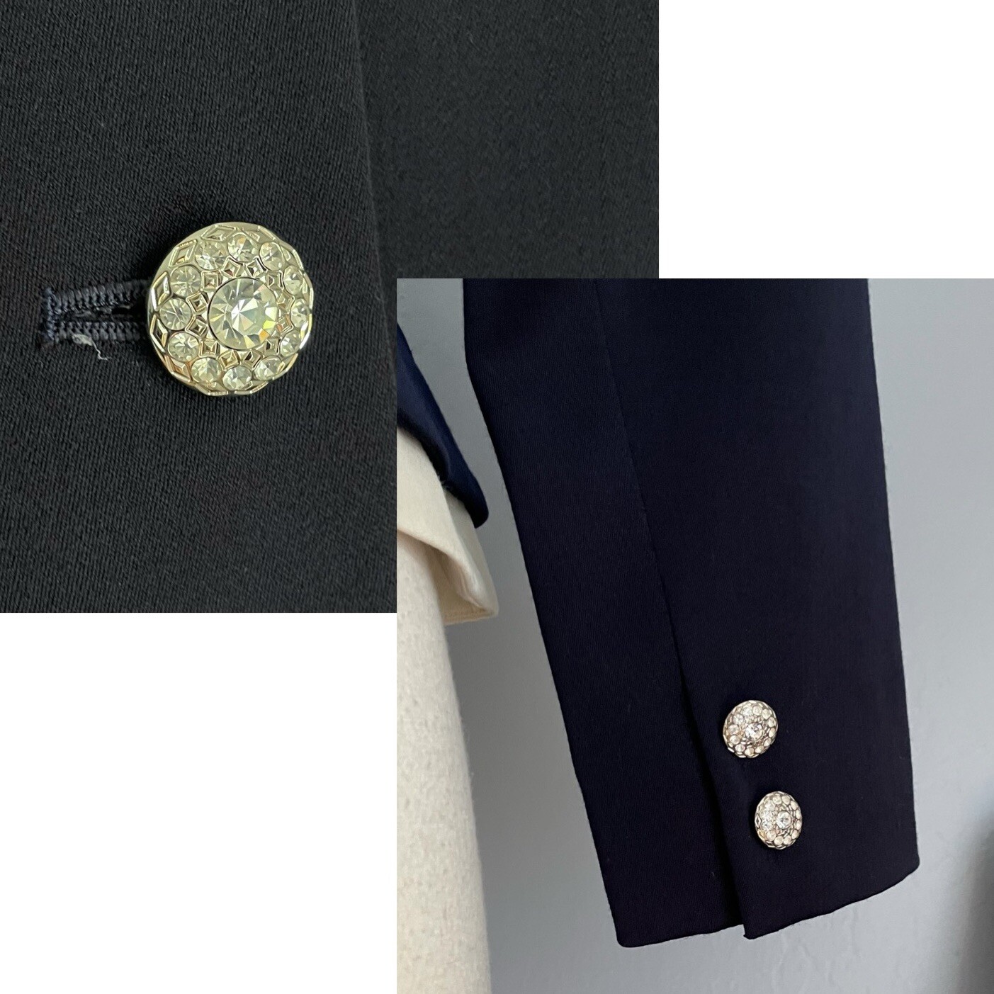 Courreges Vintage 80’s Jacket & Skirt Suit Wool Navy w/Rhinestone Buttons S