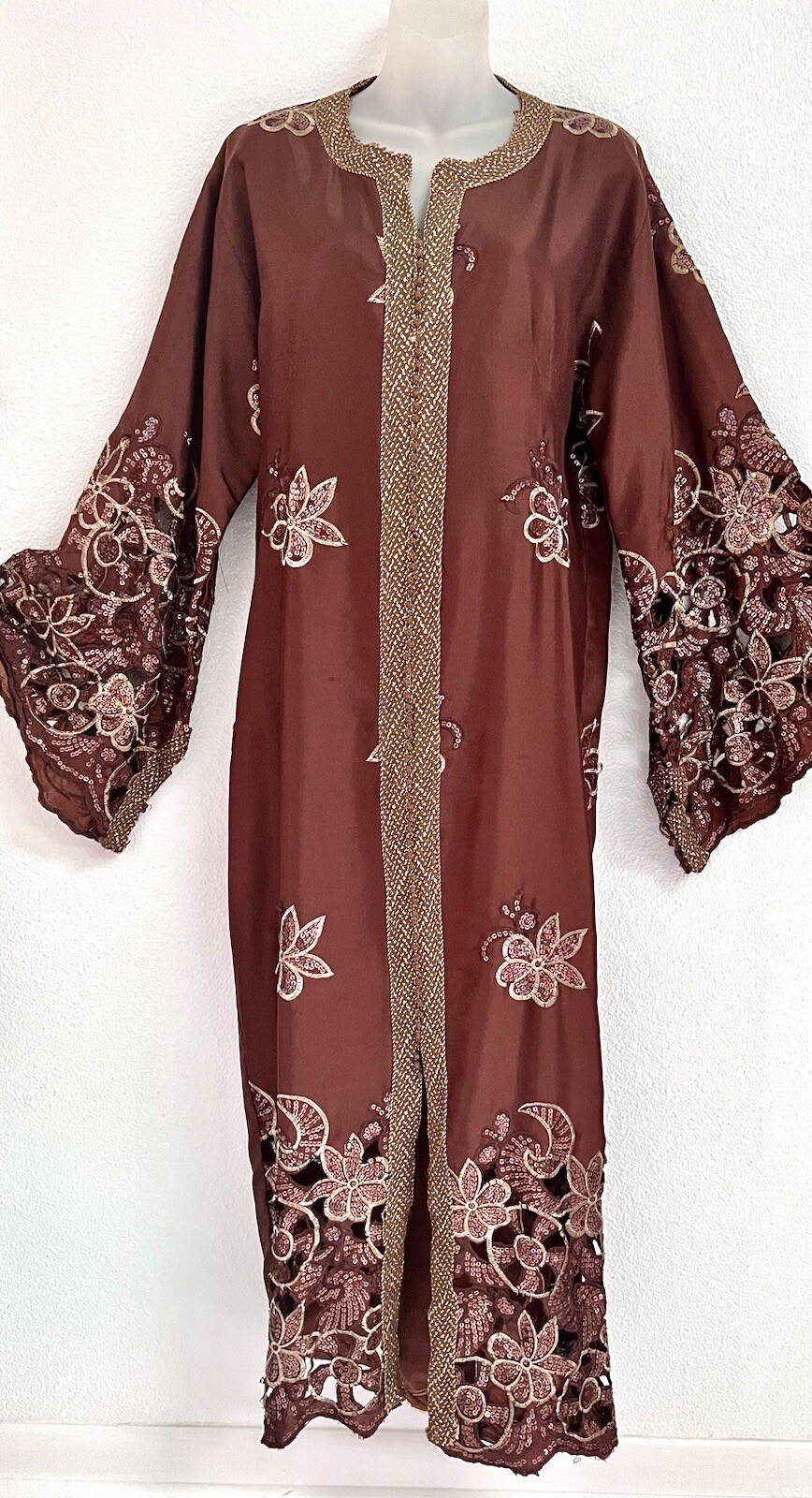 VINTAGE*MOROCCAN LONG BRONZE /SEQUIN djellaba*CAFTAN GOWN DRESS~M/L