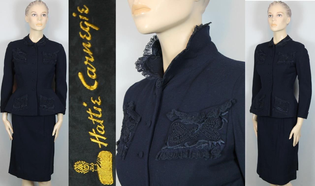 RARE Vtg 40s HATTIE CARNEGIE Navy 2pc Suit Blazer Jacket Pencil Skirt w/ Lace S