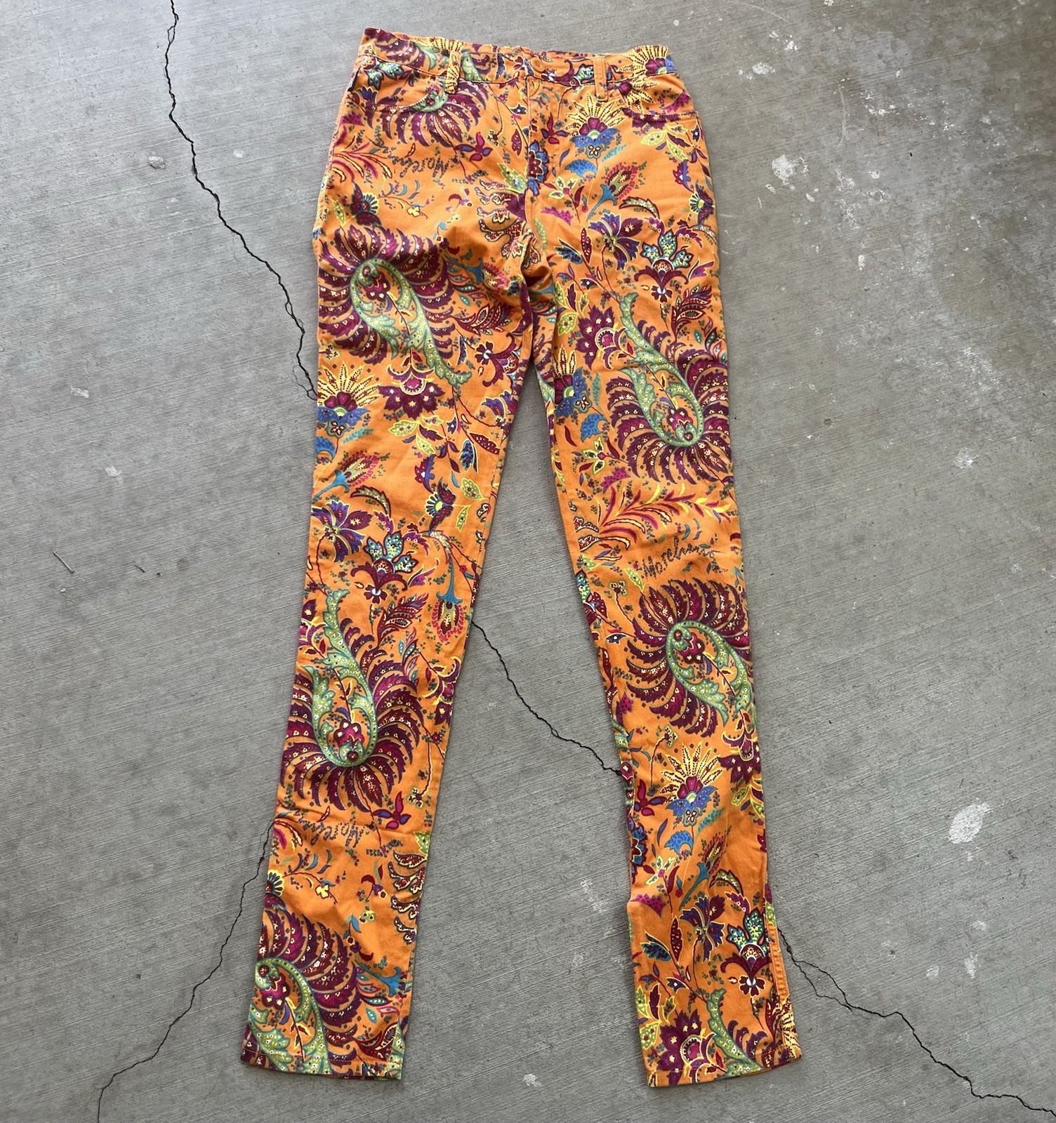 Moschino Donna Orange Paisley Pattern Pants. Sz 26&Prime; waist